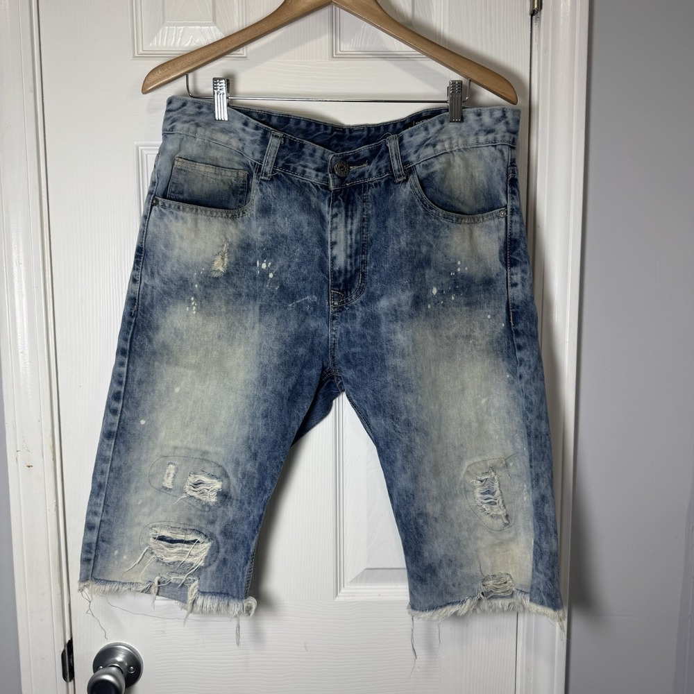 Smoke Rise Denim Shorts Mens 36 Blue Distressed Ripped Hip-Hop Skinny Steet Jort